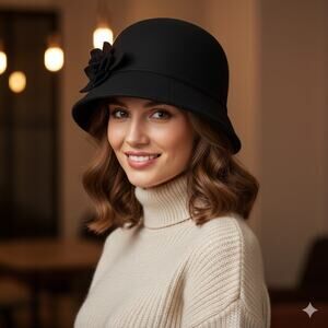 Target Cloche Hat Bell Black Wool Blend Felt Floral Womens Dress Headwear Cap